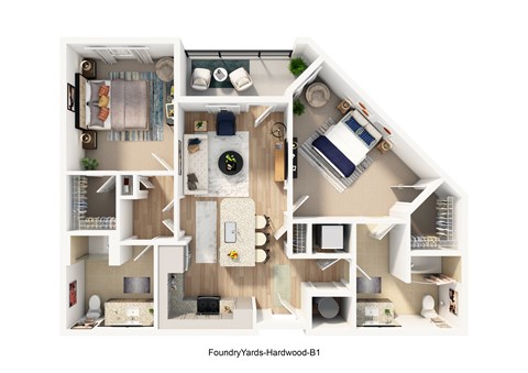 Floor plan for 2 beds, 2 baths, 1023 sqft